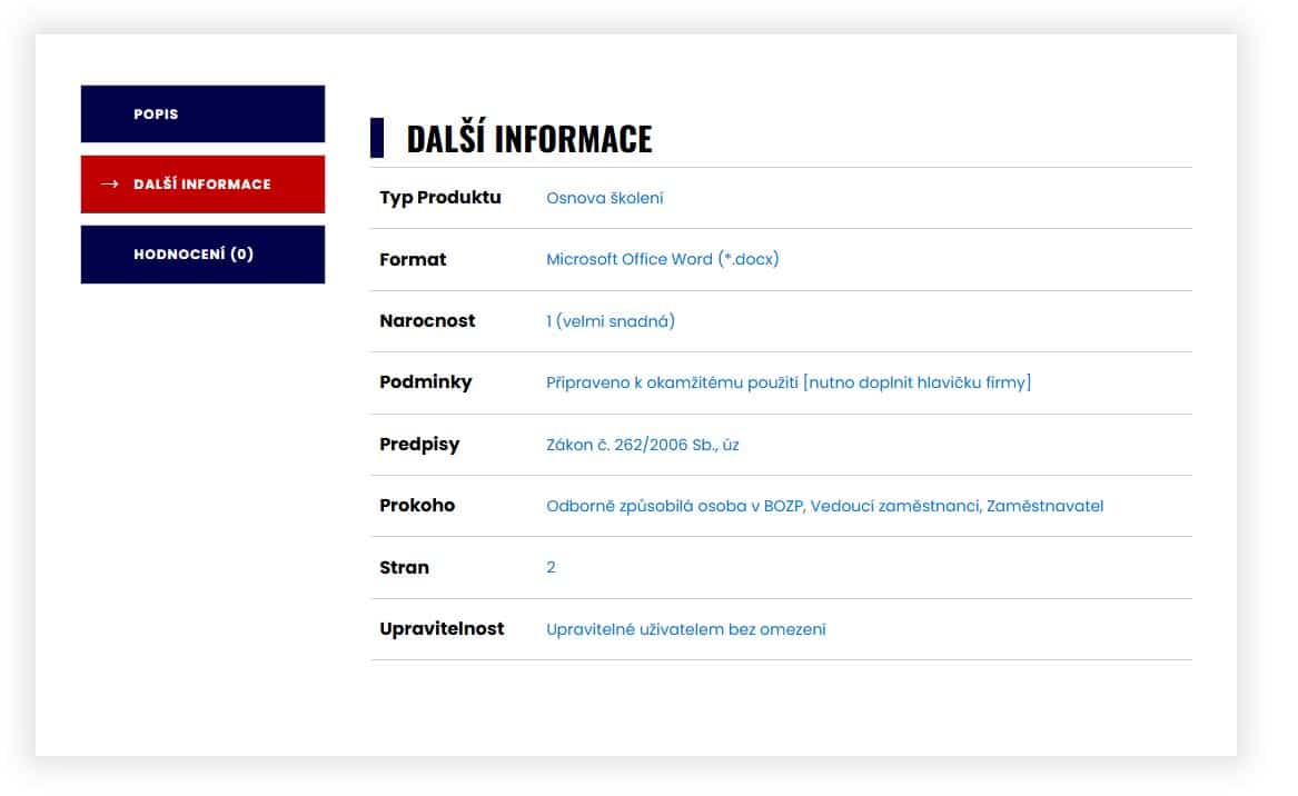 Další informace - vzorová dokumentace BOZP a PO SAW